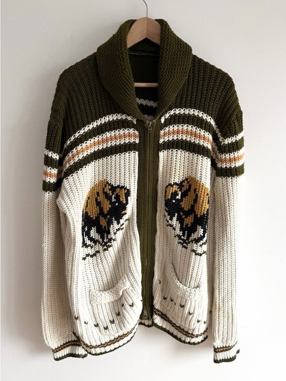 Vintage 50s COWICHAN BUFFALO BISON BROWN SHAWL NECK ZIP UP CARDIGAN SWEATER L/XL
